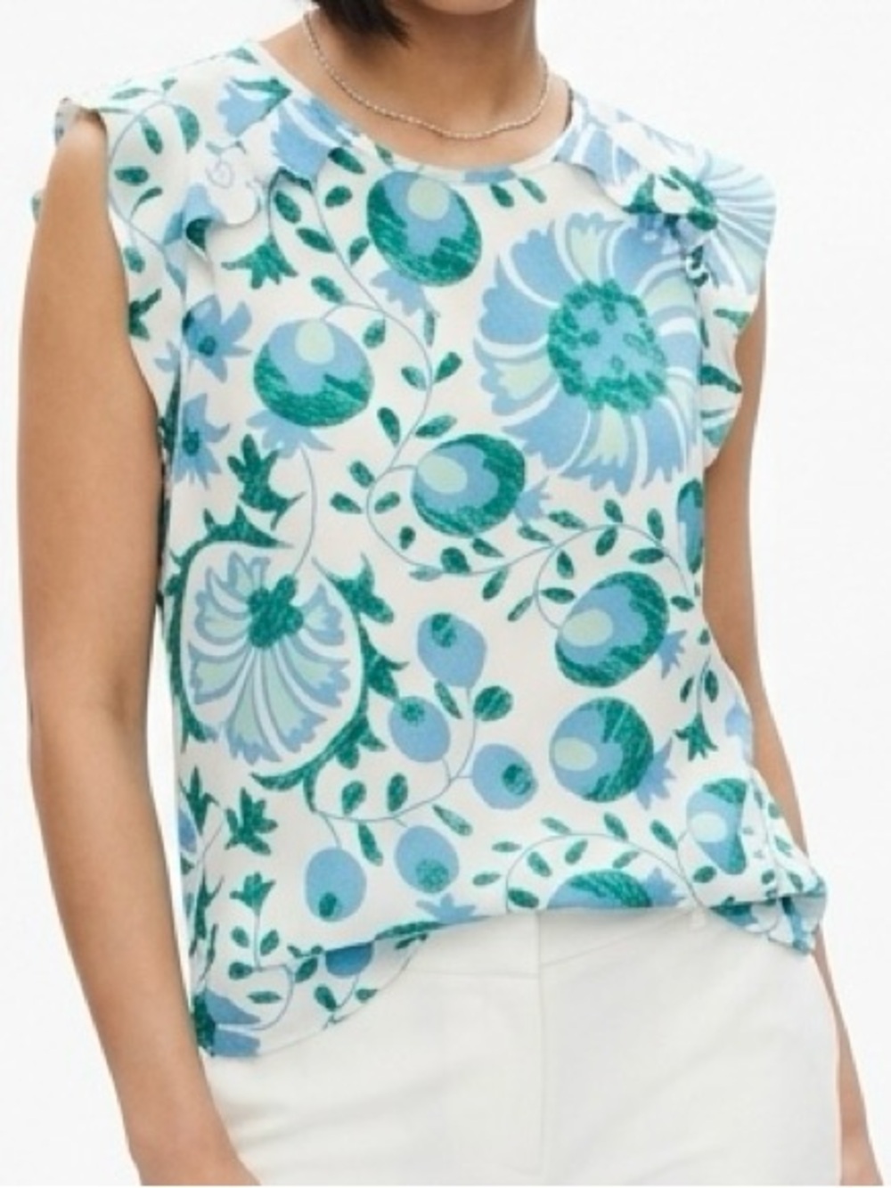 LOFT Blue & Teal Floral Ruffle Flutter Sleeve Blouse - Coastal Boho XS